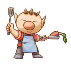 Rule 34 | 1boy, alien, alternate costume, apron, big nose, black pants, blue apron, brown hair, carrot, closed eyes, closed mouth, commentary request, full body, grey footwear, holding, holding pan, holding spatula, looking at viewer, male focus, naru (wish field), nintendo, no headwear, olimar, outstretched arms, pants, pikmin (series), pointy ears, red shirt, shirt, shoes, short hair, sleeves rolled up, smile, solo, spatula, very short hair, white background