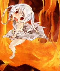 Rule 34 | 1girl, bare shoulders, barefoot, fishing rod, floating, from above, gameplay mechanics, ghast, hook, long hair, minecraft, lava, open mouth, personification, red eyes, ruuku, solo, tears, torn clothes, white hair