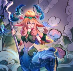 Rule 34 | 1girl, :d, animal ears, antlers, bare shoulders, blue eyes, blue skin, breasts, centaur, colored skin, hair between eyes, hair ornament, hand up, highres, holding, holding staff, horns, horse ears, horse girl, league of legends, lillia (league of legends), long hair, looking at animal, medium breasts, mochi (mochibunnny), multicolored hair, night, open mouth, outdoors, shan hai scrolls lillia, smile, solo, staff, taur, teeth