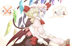 Rule 34 | 2girls, ascot, bat wings, blonde hair, blue hair, capelet, comic, closed eyes, feathers, female focus, flandre scarlet, flat chest, girl on top, hand on another&#039;s cheek, hand on another&#039;s face, hat, hat ribbon, hug, hug from behind, inkwell, lying, multiple girls, no headwear, no headwear, on back, open clothes, open shirt, paper, red eyes, remilia scarlet, ribbon, sakuraba yuuki, shirt, siblings, silent comic, sisters, sitting, sitting on person, skirt, skirt set, stamp, thinking, touhou, wings, yuri