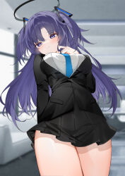 Rule 34 | 1girl, absurdres, arm behind head, black skirt, blue archive, blue necktie, breasts, cowboy shot, formal, halo, hand up, highres, large breasts, leaning back, long hair, long sleeves, mechanical halo, miniskirt, necktie, pleated skirt, purple eyes, purple hair, revision, shirt, skirt, solo, suit, thighs, two side up, very long hair, white shirt, yukineko1018, yuuka (blue archive)