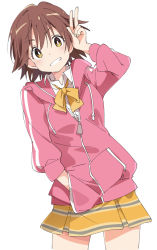 Rule 34 | 1girl, bow, bright pupils, brown eyes, brown hair, drawstring, grin, hand in pocket, honda mio, hood, hooded track jacket, idolmaster, idolmaster cinderella girls, ixy, jacket, long sleeves, looking at viewer, school uniform, short hair, simple background, skirt, smile, solo, teeth, track jacket, upper body, v, white background, white pupils, yellow bow