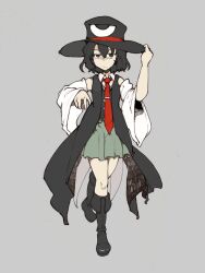 Rule 34 | 1other, androgynous, bare shoulders, black coat, black eyes, black footwear, black hair, black hat, black vest, bolos, boots, bored, buttons, closed mouth, coat, coattails, collared shirt, commentary, detached sleeves, dot nose, enraku tsubakura, eye of senri, frown, green hakama, grey background, hair between eyes, hakama, hakama short skirt, hakama skirt, hand on headwear, hat, japanese clothes, knee boots, knees, len&#039;en, long sleeves, looking at viewer, necktie, open clothes, open coat, other focus, pinstripe pattern, pinstripe shirt, red necktie, shirt, short hair, simple background, skirt, sleeveless, sleeveless shirt, solo, standing, tachi-e, tie clip, top hat, vest, white shirt, white sleeves