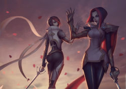 Rule 34 | 2girls, alternate costume, armor, ass, blue eyes, cjh123456, dual persona, fiora (league of legends), gradient background, hair over one eye, highres, league of legends, multicolored hair, multiple girls, sword, weapon