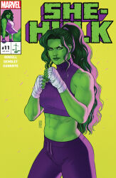Rule 34 | 1girl, abs, absurdres, bandaged hand, bandages, character name, colored skin, company name, copyright name, english text, green eyes, green hair, green skin, highres, jen bartel, logo, long hair, looking at viewer, marvel, midriff, pants, purple pants, she-hulk, signature, simple background, solo