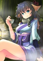 Rule 34 | 1girl, absurdly long hair, animal ears, aquaplus, arm up, ass, bare legs, bdsm, black hair, blue eyes, blue kimono, blush, braid, breasts, chain, choko (cup), closed mouth, collar, crossed legs, cup, from side, gradient eyes, graident hair, hair between eyes, hair ornament, head tilt, holding, holding cup, japanese clothes, jewelry, k3rd, karulau, kimono, lantern, large breasts, layered sleeves, licking, licking lips, long hair, long sleeves, looking at viewer, multicolored eyes, nose, onsen, outdoors, purple sash, raised eyebrows, sash, sidelocks, single braid, sitting, slave, sleeves rolled up, solo, thighs, tongue, tongue out, utawarerumono, utawarerumono: itsuwari no kamen, very long hair, wavy hair, wide sleeves