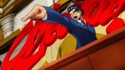 Rule 34 | 1boy, ace attorney, artist name, badge, black hair, blue jacket, broonoart, collared shirt, cosplay, dragon ball, dragon ball super, english text, formal, hair slicked back, highres, jacket, looking to the side, male focus, necktie, objection, official alternate hairstyle, open mouth, phoenix wright, phoenix wright (cosplay), pixelated, pointing, red necktie, serious, shirt, solo, son goku, suit, v-shaped eyebrows, white shirt, wing collar