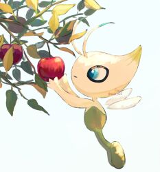 Rule 34 | absurdres, animal focus, antenna hair, apple, artist name, blue eyes, branch, celebi, creatures (company), floating, food, from side, fruit, game freak, gen 2 pokemon, highres, leaf, legendary pokemon, mythical pokemon, nintendo, no humans, pokemon, pokemon (creature), simple background, solo, su (sajo su5), white background, wings