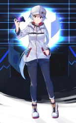 Rule 34 | 1girl, baseball cap, black pants, blush, boots, breasts, closed mouth, commentary request, controller, drawstring, fate/grand order, fate (series), fingernails, full body, game controller, glowing, hair between eyes, hand in pocket, hand up, hat, head tilt, highres, holding, jacket, long hair, looking at viewer, pants, silver hair, small breasts, smile, solo, standing, tapioka (oekakitapioka), tomoe gozen (fate), very long hair, white footwear, white hat, white jacket