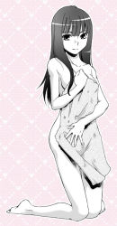 Rule 34 | 1girl, barefoot, breasts, chiba saori, covering privates, covering breasts, face, female focus, full body, hair down, hourou musuko, kneeling, long hair, momonosuke, monochrome, naked towel, nude, nude cover, simple background, solo, towel