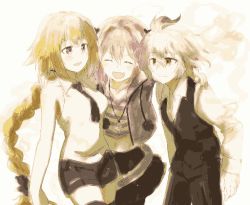 Rule 34 | 1girl, 2boys, ahoge, astolfo (fate), bare shoulders, blazer, blonde hair, braid, breasts, collar, collarbone, commentary, closed eyes, fang, fate/apocrypha, fate (series), hair ribbon, jacket, jeanne d&#039;arc (fate), jeanne d&#039;arc (ruler) (fate), kaopen (wakamerider), long hair, male focus, midriff, multiple boys, open clothes, open jacket, open mouth, pantyhose, pink hair, purple eyes, red eyes, ribbon, shirt, short hair, short shorts, shorts, sieg (fate), single braid, skirt, sleeveless, sleeveless shirt, smile, thighhighs, trap, white hair, white shirt, zettai ryouiki