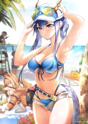 Rule 34 | 1boy, 3girls, adjusting clothes, adjusting headwear, animal ears, arknights, bare shoulders, beach, bikini, blue bikini, blue hair, blurry, blurry background, blush, breasts, ceobe (arknights), ceobe (summer flowers) (arknights), ch&#039;en (arknights), ch&#039;en the holungday (arknights), ch&#039;en the holungday (elite ii) (arknights), closed mouth, collarbone, commentary request, cowboy shot, crab, day, dog ears, dog girl, dragon girl, dragon horns, dragon tail, eyewear on headwear, female tourist a (arknights), front-tie bikini top, front-tie top, full body, grey shorts, hair between eyes, highres, horns, horns through headwear, jaye (arknights), jaye (beach guard) (arknights), lifeguard, lifeguard chair, long hair, micro shorts, multiple girls, official alternate costume, open clothes, open mouth, open shorts, orange hair, outdoors, palm tree, red eyes, red shirt, rhodes island logo (arknights), shirt, shorts, smile, stomach, swimsuit, tail, thighs, tree, visor cap, yokaze (yokajie)