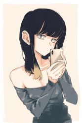 Rule 34 | 1girl, bare shoulders, breasts, cellphone, closed mouth, commentary request, highres, kotoyama, long hair, looking at viewer, multicolored hair, phone, simple background, solo