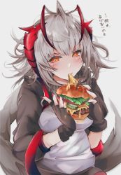 Rule 34 | 1girl, absurdres, ahoge, antenna hair, antennae, arknights, black gloves, black sweater, blush, bread bun, breasts, burger, cheese, clumsy, eating, fingerless gloves, flag, food, gloves, head tilt, highres, holding, holding food, horns, lettuce, long sleeves, looking at viewer, messy hair, mirui, nail polish, orange eyes, pickle, red nails, short hair, simple background, solo, spilling, steak, sweater, tomato, translation request, upper body, w (arknights), white background, white hair, white sweater, x x