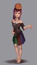 Rule 34 | 1girl, absurdres, ball, bare shoulders, barefoot, basketball, basketball (object), clothes writing, collarbone, contrapposto, earrings, heart, hecatia lapislazuli, highres, jewelry, meme, multicolored clothes, multicolored skirt, off-shoulder shirt, off shoulder, pendant, red eyes, red hair, ririn (alethyne), shirt, skirt, solo, space jam, standing, t-shirt, touhou