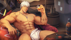 Rule 34 | 1boy, abs, alcohol, arm tattoo, bag, bara, barrel, biceps, building, cigarette, condom, condom wrapper, couch, creed (gyee), facial hair, glass, glass bottle, gyee, ice, ice cube, jewelry, large pectorals, looking at viewer, male focus, manly, muscular, muscular male, navel, necklace, nipples, nude, official art, paper, pectorals, raised eyebrows, robe, scythe, sitting, smirk, smoke, stubble, target, tattoo, thick arms, thick thighs, thighs, whiskey, white hair, zifu
