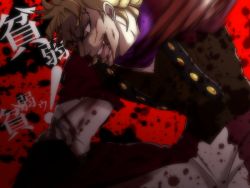 Rule 34 | 1boy, armor, black sclera, blonde hair, blood, blood in mouth, blood on clothes, blood on face, blood splatter, bow, breastplate, buttons, cape, colored sclera, dio brando, jojo no kimyou na bouken, kamio18, long sleeves, male focus, mismatched sclera, motion blur, pants, punching, red bow, red cape, red eyes, shaded face, simple background, solo, white pants