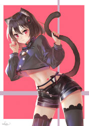 Rule 34 | 1girl, :3, animal ears, asymmetrical legwear, black legwear, black shirt, black shorts, brown hair, cat ears, cat girl, cat tail, closed mouth, commentary request, cowboy shot, crop top, crop top overhang, dutch angle, ear piercing, garter straps, hair between eyes, heart, highres, long sleeves, looking at viewer, midriff, mismatched legwear, nail polish, navel, open fly, original, piercing, pink nails, puffy long sleeves, puffy sleeves, red eyes, saraki, shirt, short hair, short shorts, shorts, signature, solo, striped clothes, striped legwear, striped thighhighs, tail, tail grab, thighhighs, v-shaped eyebrows, vertical-striped clothes, vertical-striped legwear, vertical-striped thighhighs