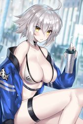 Rule 34 | 1girl, ahoge, bare legs, bare shoulders, bikini, black choker, blue jacket, blurry, blurry background, blush, breasts, choker, cleavage, collarbone, cup, depth of field, ero waifu, fate/grand order, fate (series), hair between eyes, hand up, holding, holding cup, jacket, jeanne d&#039;arc (fate), jeanne d&#039;arc alter (avenger) (fate), jeanne d&#039;arc alter (fate), large breasts, long sleeves, looking at viewer, off shoulder, open clothes, open jacket, parted lips, short hair, sidelocks, silver hair, solo, swimsuit, thigh strap, thighs, white bikini, yellow eyes