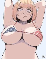 Rule 34 | 1girl, absurdres, american flag bikini, armpits, arms up, bikini, blonde hair, blue eyes, bob cut, breasts, day, flag print, glasses, hadashi no kenji, highres, large breasts, original, outdoors, plump, simple background, solo, swimsuit, thick eyebrows, upper body