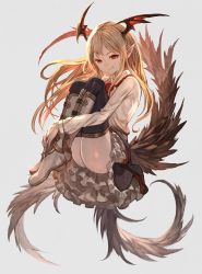 Rule 34 | 10s, 1girl, bat wings, black skirt, black thighhighs, blonde hair, boots, closed mouth, fang, fang out, frilled skirt, frills, full body, granblue fantasy, grey background, head wings, highres, lack, long hair, long sleeves, looking at viewer, pointy ears, red eyes, shingeki no bahamut, shirt, simple background, skirt, smile, solo, thighhighs, vampy, white footwear, white shirt, wings