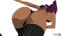 Rule 34 | 1girl, absurdres, ass, back, bleach, breasts, dark skin, dark-skinned female, female focus, highres, leotard, ponytail, purple hair, shihouin yoruichi, simple background, solo, stiky finkaz