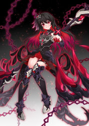 Rule 34 | 1girl, antenna hair, bare shoulders, black dress, black footwear, boots, chain, closed mouth, disembodied limb, dress, flower, full body, hair between eyes, hair ornament, highres, holding, holding weapon, honkai (series), honkai impact 3rd, long hair, looking at viewer, miying (13975192760), red eyes, red flower, red hair, scythe, seele (alter ego), seele vollerei, seele vollerei (starchasm nyx), smile, solo, thigh boots, thighhighs, v-shaped eyebrows, weapon