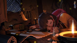 1girl absurdres black_hair closed_eyes female_focus fire highres hood hoodie knife long_hair night original scroll sleeping solo table youguang_liangliang