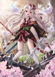 Rule 34 | 1girl, bell, black kimono, blush, cherry blossoms, commentary request, double bun, dual wielding, floating hair, hair bell, hair between eyes, hair bun, hair ornament, highres, holding, holding sword, holding weapon, hololive, horns, japanese clothes, jingle bell, kimono, long hair, looking at viewer, mask, mask on head, multicolored hair, nakiri ayame, nakiri ayame (1st costume), obi, oni mask, open mouth, outdoors, red eyes, red hair, red kimono, sash, shigiroid, sidelocks, skin-covered horns, streaked hair, sword, thighhighs, virtual youtuber, weapon, white hair, white thighhighs