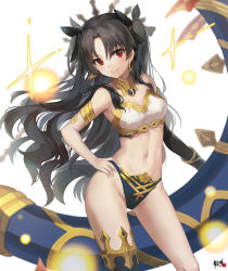Rule 34 | 1girl, absurdres, armlet, asymmetrical legwear, asymmetrical sleeves, bare shoulders, bikini, black bikini, black bow, black hair, blush, bow, breasts, closed mouth, earrings, elbow gloves, fate/grand order, fate (series), gloves, hair bow, hand on own hip, heavenly boat maanna, highres, hoop earrings, ishtar (fate), jewelry, kyjsogom, long hair, looking at viewer, medium breasts, mismatched bikini, navel, neck ring, parted bangs, red eyes, simple background, single elbow glove, single thighhigh, smile, solo, sparkle, swimsuit, thighhighs, thighs, tiara, two side up, uneven legwear, uneven sleeves, weapon, white background, white bikini