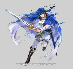 Rule 34 | 1boy, armor, ascot, belt, black footwear, blue belt, blue cape, blue eyes, blue hair, boots, cape, cosplay, fire emblem, fire emblem: genealogy of the holy war, fire emblem heroes, full body, grey background, hair between eyes, headband, holding, holding sword, holding weapon, jacket, long hair, long sleeves, looking at viewer, low ponytail, male focus, nintendo, official art, pants, scabbard, seliph (fire emblem), sheath, shoulder armor, sigurd (fire emblem), sigurd (fire emblem) (cosplay), simple background, solo, sword, torn cape, torn clothes, torn jacket, torn pants, tyrfing (fire emblem), wada sachiko, weapon, white ascot, white jacket, white pants