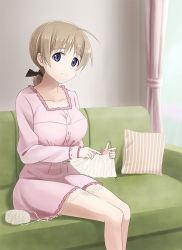 Rule 34 | 1girl, ahoge, blue eyes, braid, breasts, brown hair, couch, dress, female focus, green upholstery, hair ribbon, hide 0, knitting, knitting needle, large breasts, long hair, looking at viewer, lynette bishop, needle, pink dress, ribbon, single braid, sitting, solo, strike witches, world witches series, yarn