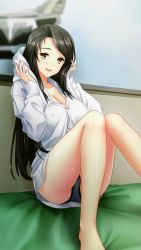 Rule 34 | 1girl, :d, barefoot, black hair, black panties, blurry, blurry background, breasts, cleavage, collarbone, collared shirt, covered erect nipples, doukyuusei, doukyuusei another world, dress shirt, game cg, indoors, large breasts, long hair, long sleeves, masaki natsuko, official art, open mouth, panties, shirt, sitting, smile, solo, straight hair, towel, towel around neck, underwear, very long hair, wet, wet hair, white shirt, white towel, wing collar