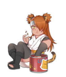 Rule 34 | 1girl, :t, akimichi chouchou, animal ears, animal print, black footwear, black thighhighs, blush, boruto: naruto the movie, brown hair, cat ears, cat print, cat tail, dark-skinned female, dark skin, detached sleeves, eating, fish, fishnets, food, full body, greetload, hair ornament, hair over one eye, heart, japanese clothes, jewelry, kemonomimi mode, kimono, long hair, looking at viewer, naruto, naruto (series), obi, pet food, sash, shoes, simple background, sitting, solo, tail, thighhighs, toeless footwear, two side up, yellow eyes