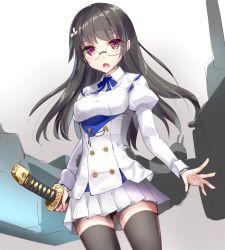 Rule 34 | 1girl, azur lane, black hair, black thighhighs, blue bow, blue bowtie, bow, bowtie, buttons, choukai (azur lane), choukai (azur lane) (cosplay), choukai (kancolle), cosplay, glasses, historical name connection, holding, holding sheath, juliet sleeves, kantai collection, long hair, long sleeves, name connection, open mouth, pleated skirt, puffy sleeves, red eyes, rimless eyewear, sheath, shirt, skirt, solo, tenrai, thighhighs, white shirt, white skirt