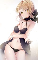Rule 34 | 1girl, artoria pendragon (all), artoria pendragon (fate), babydoll, bad id, bad twitter id, black bow, black panties, blonde hair, blush, bow, braid, breasts, cleavage, closed mouth, collar, commentary request, cowboy shot, crossed arms, fate/stay night, fate (series), french braid, gluteal fold, hair bow, liby (libtnvd), lingerie, looking at viewer, medium breasts, panties, saber (fate), saber alter, sidelocks, solo, thigh gap, thighs, underwear, yellow eyes
