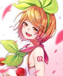 Rule 34 | 1girl, absurdres, bare shoulders, blonde hair, blurry, blurry foreground, blush, bow, breasts, cherry, cherry blossoms, collar, crop top, food, frilled shirt, frills, from side, fruit, gradient hair, green bow, hair ornament, hairclip, half-closed eyes, highres, inu8neko, kagamine rin, leaf, looking to the side, multicolored hair, open mouth, petals, pink collar, pink hair, sailor collar, sakura rin, shirt, short hair, shoulder tattoo, sideboob, small breasts, smile, swept bangs, tattoo, vocaloid, white shirt, yellow eyes