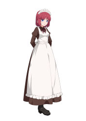 Rule 34 | 1girl, absurdres, apron, arms behind back, azami masurao, black footwear, blue eyes, full body, high heels, highres, hisui (tsukihime), juliet sleeves, long sleeves, looking at viewer, maid, maid headdress, open mouth, pink hair, puffy sleeves, short hair, simple background, solo, standing, tsukihime, white apron, white background