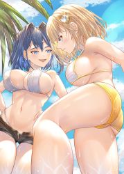 Rule 34 | 2girls, :d, absurdres, ass, bare arms, bikini, bikini top only, black shorts, blonde hair, blue eyes, blue hair, blue sky, breasts, cameltoe, cleavage, cloud, from below, frown, hair between eyes, hair intakes, hair ornament, hand on own hip, highres, hololive, hololive english, honkivampy, large breasts, light blush, midriff, monocle, multiple girls, navel, open fly, open mouth, ouro kronii, outdoors, palm tree, short hair, short shorts, shorts, sideboob, skindentation, sky, smile, string bikini, swimsuit, thick thighs, thighs, tree, underboob, virtual youtuber, watson amelia, wet, wet clothes, wet hair, wet swimsuit, white bikini, yellow shorts