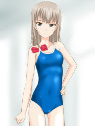 Rule 34 | 10s, 1girl, bad id, bad pixiv id, blue eyes, competition school swimsuit, expressionless, female focus, girls und panzer, grey hair, hand on own hip, itsumi erika, looking at viewer, one-piece swimsuit, school swimsuit, short hair, solo, standing, swim cap, swimsuit, takafumi, white background