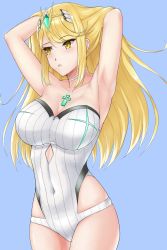 Rule 34 | 1girl, armpits, arms behind head, blonde hair, blue background, breasts, chest jewel, choker, covered navel, cowboy shot, highres, jewelry, large breasts, long hair, maou ksw, mythra (radiant beach) (xenoblade), mythra (xenoblade), nintendo, one-piece swimsuit, solo, strapless, strapless one-piece swimsuit, swept bangs, swimsuit, tiara, white choker, white one-piece swimsuit, xenoblade chronicles (series), xenoblade chronicles 2, yellow eyes