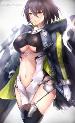 Rule 34 | 1girl, absurdres, ahoge, azur lane, bad id, bad pixiv id, baltimore (azur lane), black leotard, blush, boots, braid, breasts, brown hair, center opening, clothing cutout, coat, cowboy shot, floating hair, gloves, hair between eyes, highres, large breasts, leotard, looking at viewer, navel, open clothes, open coat, open mouth, pelvic curtain, purple coat, rigging, ruwoka, short hair, simple background, solo, stomach, thigh boots, thighhighs, underboob cutout, white background, yellow eyes