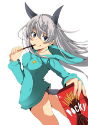 Rule 34 | 1girl, animal ears, ass, bad id, bad pixiv id, blue eyes, blush, breasts, eila ilmatar juutilainen, female focus, food, hood, hoodie, long hair, no pants, official alternate costume, pocky, rosettastone, silver hair, simple background, solo, strike witches, tail, white background, world witches series