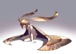 Rule 34 | 1girl, antennae, arthropod girl, breasts, completely nude, extra arms, female focus, gradient background, grey background, insect girl, insect wings, monster girl, moth antennae, moth girl, moth wings, mullmull02, nude, original, pale skin, red eyes, sitting, small breasts, solo, wings