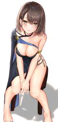 Rule 34 | 1girl, absurdres, ahoge, armlet, azur lane, baltimore (azur lane), baltimore (evening breeze minuet) (azur lane), barefoot, black dress, blue cape, blush, braid, breasts, brown hair, cape, choker, cleavage, commentary, dress, efuri (riarea00), evening gown, hair between eyes, highres, large breasts, looking at viewer, own hands together, short hair, side slit, single bare shoulder, sitting, smile, solo, yellow eyes