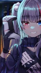 Rule 34 | 1girl, absurdres, black gloves, blue eyes, blush, commentary, controller, english commentary, game console, game controller, girls&#039; frontline, girls&#039; frontline neural cloud, gloves, grey hair, grin, hair bobbles, hair ornament, heterochromia, highres, holding, holding controller, holding game controller, jacket, kuro (neural cloud), looking at viewer, mdr (girls&#039; frontline), multicolored hair, nalua h, one side up, pink hair, playstation 5, red eyes, smile, solo, upper body