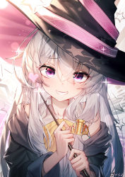 Rule 34 | 1girl, bare shoulders, black hat, black robe, blush, bow, brooch, collared shirt, commentary request, elaina (majo no tabitabi), hair between eyes, hat, heart, highres, holding, holding wand, hood, hood down, hooded robe, jewelry, long hair, long sleeves, looking at viewer, majo no tabitabi, off shoulder, open clothes, open mouth, open robe, print headwear, purple eyes, qys3, robe, shirt, signature, silver hair, sleeveless, sleeveless shirt, smile, solo, star (symbol), star print, upper body, wand, white shirt, wide sleeves, witch hat, yellow bow