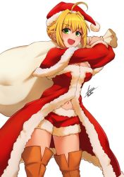 Rule 34 | 1girl, ahoge, airisubaka, artist name, boots, breasts, brown footwear, cape, cleavage, commentary, fate/grand order, fate (series), fur trim, green eyes, hair intakes, hat, highres, holding, holding sack, large breasts, looking at viewer, navel, nero claudius (fate), nero claudius (fate) (all), nero claudius (fate/extra), open mouth, red cape, red shorts, sack, santa costume, santa hat, short shorts, shorts, signature, simple background, smile, solo, thigh boots, thighhighs, white background