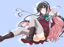 Rule 34 | 1girl, :d, ahoge, aqua bow, aqua bowtie, ass, black hair, blush, boots, bow, bowtie, breasts, brown footwear, cropped jacket, cross-laced footwear, grey thighhighs, grin, hairband, jacket, kantai collection, knee boots, lace-up boots, long hair, long sleeves, looking at viewer, medium breasts, mikage takashi, miniskirt, multicolored hair, naganami (kancolle), naganami kai ni (kancolle), open clothes, open jacket, open mouth, pink hair, purple background, purple skirt, sidelocks, simple background, skirt, smile, solo, teeth, thighhighs, two-tone hair, v, v-shaped eyebrows, very long hair, white jacket