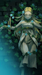 Rule 34 | 1girl, bare shoulders, blonde hair, blue flower, bound, bracelet, breasts, brick wall, closed eyes, closed mouth, colored eyelashes, dress, facing viewer, feet out of frame, flower, hair behind ear, highres, jewelry, long hair, medium breasts, mutsuki kaya, necklace, nintendo, outstretched arms, parted bangs, plant, pointy ears, princess zelda, restrained, solo, strapless, strapless dress, the legend of zelda, the legend of zelda: breath of the wild, tied up (nonsexual), vines, white dress